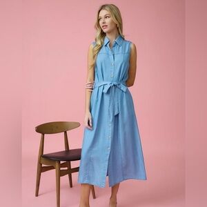 185 - Sleeveless Collared Chambray Midi Dress